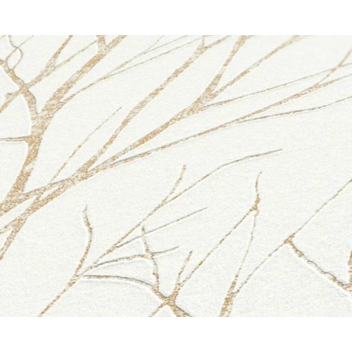 Téli természeti kép - fák ágai gallyai törtfehér bézs és arany fémes hatás tapéta