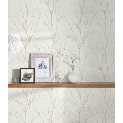 Téli természeti kép - fák ágai gallyai törtfehér bézs és arany fémes hatás tapéta