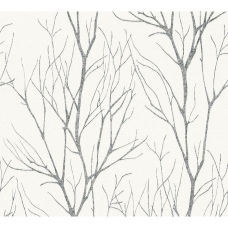 Téli természeti kép - fák ágai gallyai törtfehér szürke/sötétszürke és ezüst fémes hatás tapéta