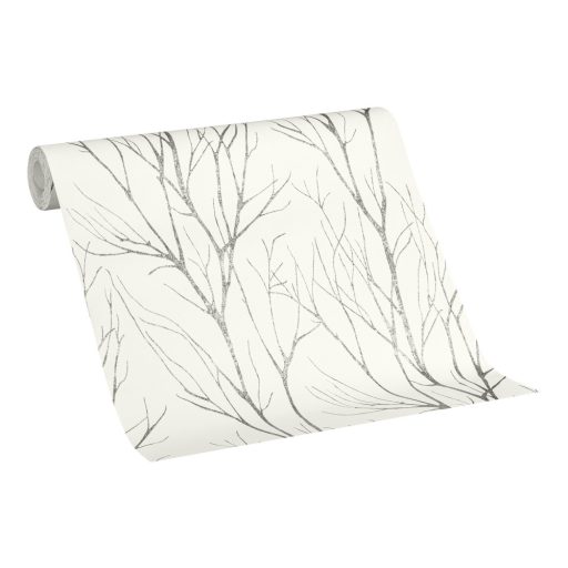 Téli természeti kép - fák ágai gallyai törtfehér szürke/sötétszürke és ezüst fémes hatás tapéta