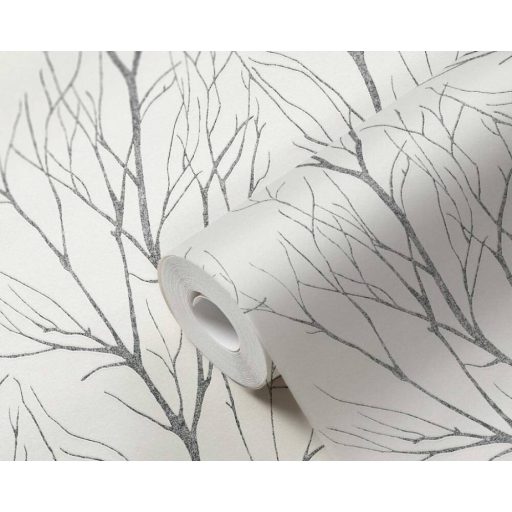 Téli természeti kép - fák ágai gallyai törtfehér szürke/sötétszürke és ezüst fémes hatás tapéta
