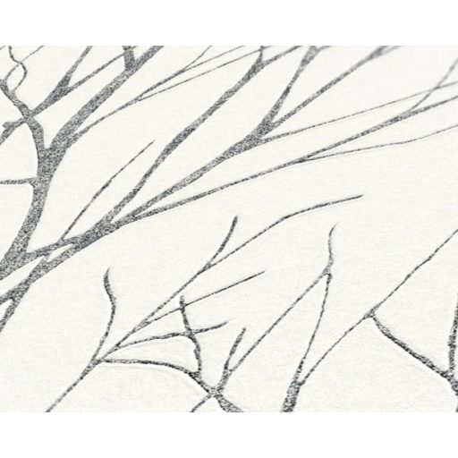 Téli természeti kép - fák ágai gallyai törtfehér szürke/sötétszürke és ezüst fémes hatás tapéta