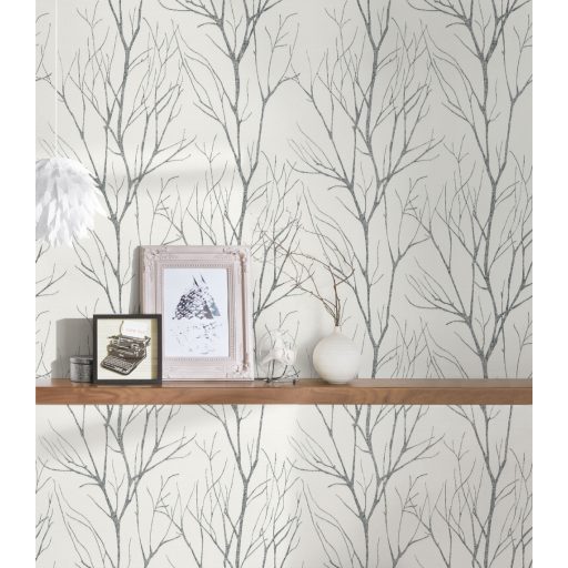 Téli természeti kép - fák ágai gallyai törtfehér szürke/sötétszürke és ezüst fémes hatás tapéta