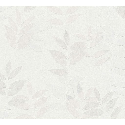 Diszkrét finoman ábrázolt semleges levélminta fehér/törtfehér világosszürke és szürke tónus tapéta