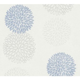   Körökbe rendezett stilizált levelek geometriai mintája törtfehér kék szürke és ezüst tónus csillogó effekt tapéta