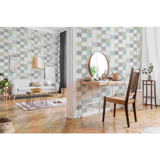 As-Creation New Walls 37406-1 FINCA HOME Natur csempetükör szürkésfehér bézs szürke türkiz tapéta