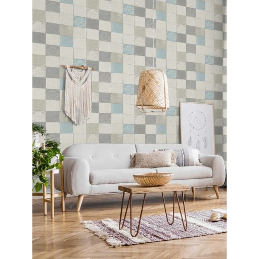 As-Creation New Walls 37406-1 FINCA HOME Natur csempetükör szürkésfehér bézs szürke türkiz tapéta
