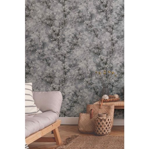 As-Creation New Walls 37420-1 COSY & RELAX Natur virágba borult ágak szürke fehér fekete ezüst csillogó mintafelület tapéta