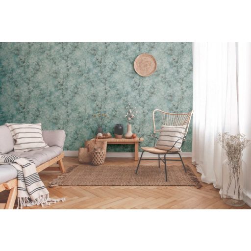 As-Creation New Walls 37420-3  COSY & RELAX Natur virágba borult ágak pasztel türkiz fehér fekete ezüst csillogó mintafelület tapéta