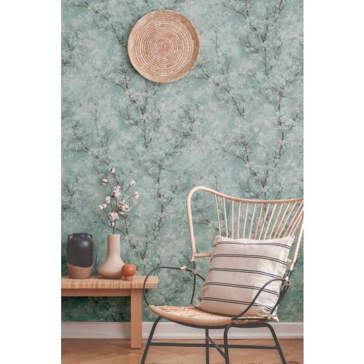 As-Creation New Walls 37420-3  COSY & RELAX Natur virágba borult ágak pasztel türkiz fehér fekete ezüst csillogó mintafelület tapéta