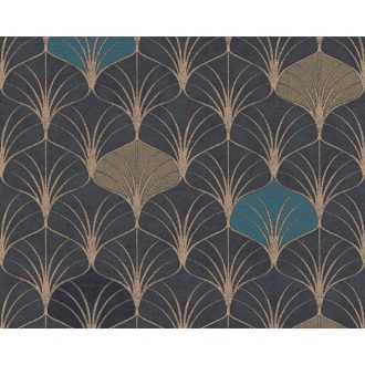   Art Deco stílusú grafikus minta fekete bézs kék és arany tónusok fémes hatás tapéta