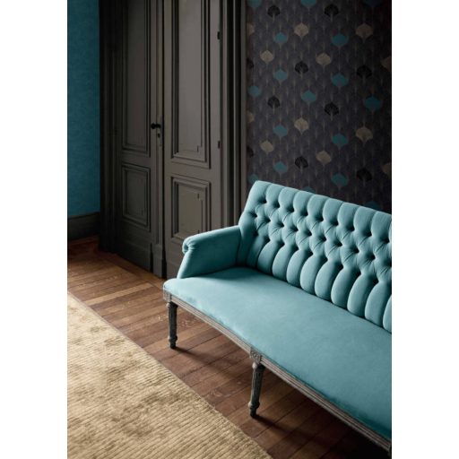 Art Deco stílusú grafikus minta fekete bézs kék és arany tónusok fémes hatás tapéta