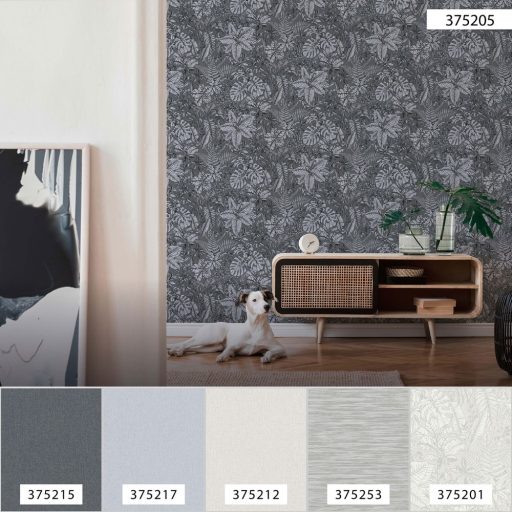 As-Creation Daniel Hechter 6, 37520-5  Natur botanikus dzsungel trópusi levelek szürke árnyalatok fekete tapéta