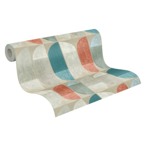 As-Creation Geo Nordic 37531-1 Geometrikus grafikus felezett ovális síkidomok krém bézs szürke zöld piros kék petrol tapéta