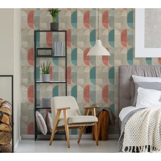 As-Creation Geo Nordic 37531-1 Geometrikus grafikus felezett ovális síkidomok krém bézs szürke zöld piros kék petrol tapéta