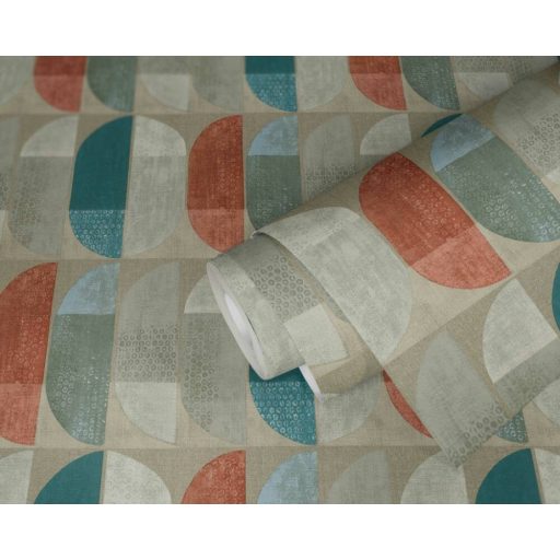As-Creation Geo Nordic 37531-1 Geometrikus grafikus felezett ovális síkidomok krém bézs szürke zöld piros kék petrol tapéta