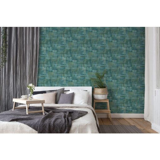 As-Creation Geo Nordic 37532-1 Natur törléstechnikával kialakított széles ecsetvonás minta kék zöld sárga tapéta