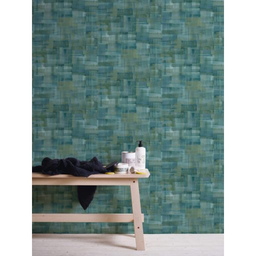 As-Creation Geo Nordic 37532-1 Natur törléstechnikával kialakított széles ecsetvonás minta kék zöld sárga tapéta