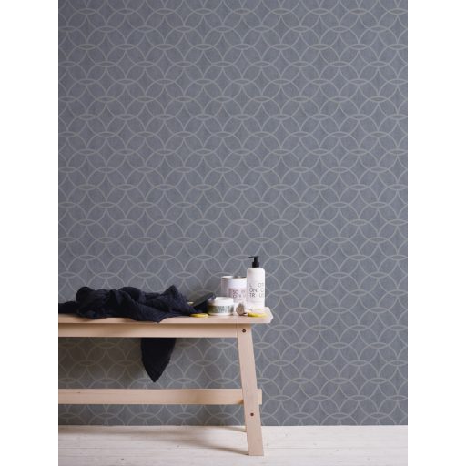 Architects Paper VILLA 37564-4 Geometrikus grafikus absztrakt körminta szürkéskék ezüstszürke enyhe mintafény csillogó pontok játéka