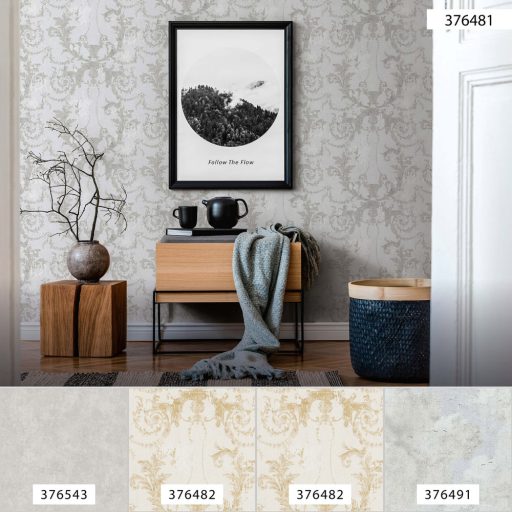 As-Creation History of Art 37648-1 Természetes hangulatú barokk díszítőminta szürkésfehér szürke ezüst tapéta