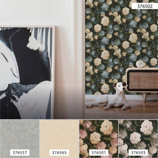 As-Creation History of Art 37650-2  Virágvarázs virágos díszítőminta sötétzöld zöld árnyalatok kék krém barna tapéta