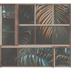   As-Creation Industrial 37740-1 Natur/Ipari stílus ablakkereteken áttűnő pálmalevelek barna zöld narancs fekete tapéta