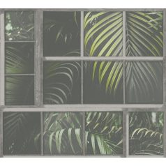   As-Creation Industrial 37740-2 Natur/Ipari stílus ablakkereteken áttűnő pálmalevelek szürke árnyalatok zöld fekete tapéta