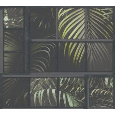   As-Creation Industrial 37740-3 Natur/Ipari stílus ablakkereteken áttűnő pálmalevelek sötétszürke zöld fekete tapéta
