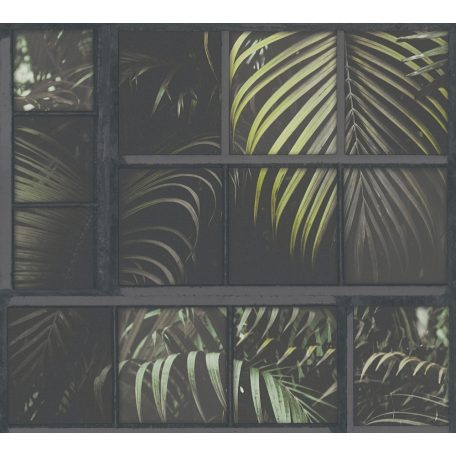 As-Creation Industrial 37740-3 Natur/Ipari stílus ablakkereteken áttűnő pálmalevelek sötétszürke zöld fekete tapéta