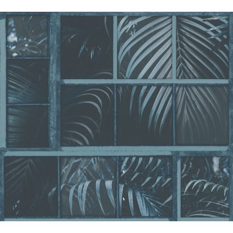 As-Creation Industrial 37740-4 Natur/Ipari stílus ablakkereteken áttűnő pálmalevelek kék árnyalatok fekete tapéta