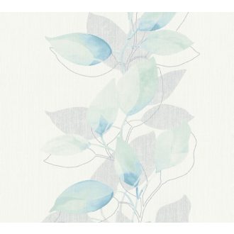   As-Creation Attractive 37815-1 Natur Virágos akvarell panelszerű levéldíszítés fehér vízzöld szürke kék tapéta