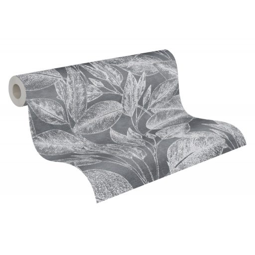 As-Creation Attractive 37836-4 Natur Botanikus változatos levélminta sötétszürke antracit ezüst mintarajzolat fémes hatás