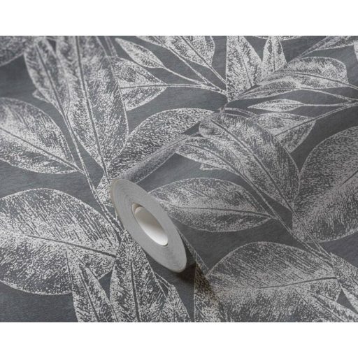 As-Creation Attractive 37836-4 Natur Botanikus változatos levélminta sötétszürke antracit ezüst mintarajzolat fémes hatás