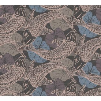   As-Creation Metropolitan Stories II, 37859-4 Etno Natur Koi pontyok tavirózsákkal kék fekete rézszín fémes hatás tapéta