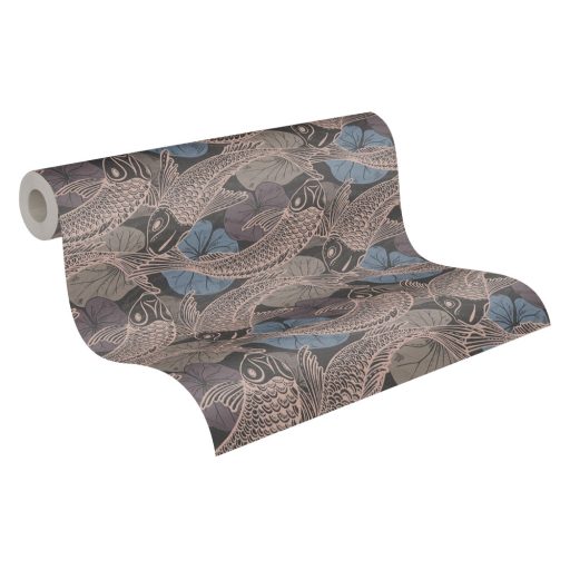 As-Creation Metropolitan Stories II, 37859-4 Etno Natur Koi pontyok tavirózsákkal kék fekete rézszín fémes hatás tapéta