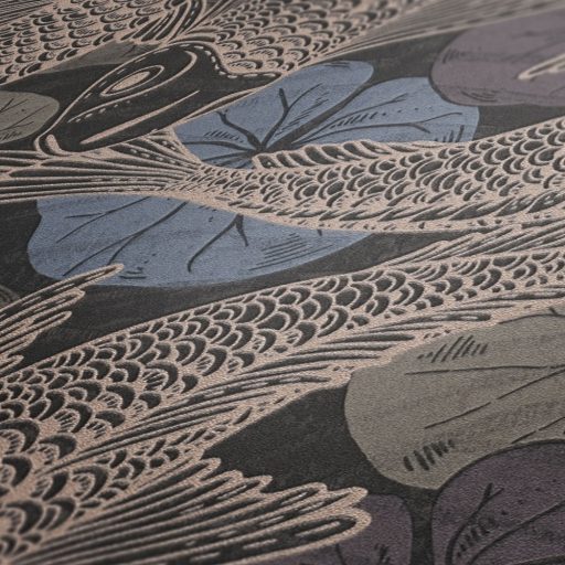 As-Creation Metropolitan Stories II, 37859-4 Etno Natur Koi pontyok tavirózsákkal kék fekete rézszín fémes hatás tapéta