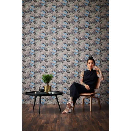 As-Creation Metropolitan Stories II, 37859-4 Etno Natur Koi pontyok tavirózsákkal kék fekete rézszín fémes hatás tapéta