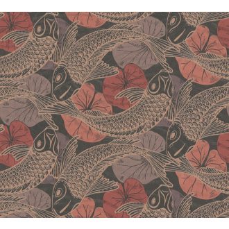   As-Creation Metropolitan Stories II, 37859-5 Etno Natur Koi pontyok tavirózsákkal barna vörös/vörösesbarna fekete fémes hatás tapéta