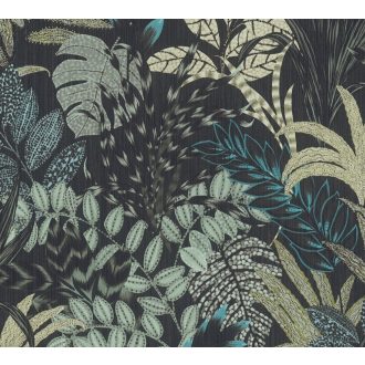   As-Creation Metropolitan Stories II, 37860-3 Natur lenyűgöző szines levélmintázat szürke bézs kék zöld fekete tapéta