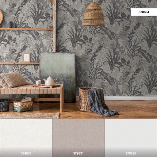 As-Creation Metropolitan Stories II, 37860-4  Natur lenyűgöző szines levélmintázat törtfehér szürke szürkésbézs sötétszürke tapéta