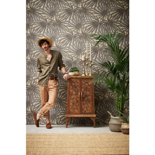 As-Creation Metropolitan Stories II, 37861-1 Natur Trópusi stilizált pálmalevelek szürke árnyalatok arany fémes hatás tapéta