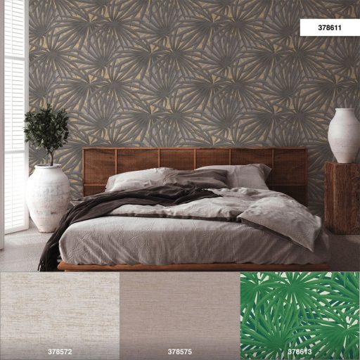 As-Creation Metropolitan Stories II, 37861-1 Natur Trópusi stilizált pálmalevelek szürke árnyalatok arany fémes hatás tapéta