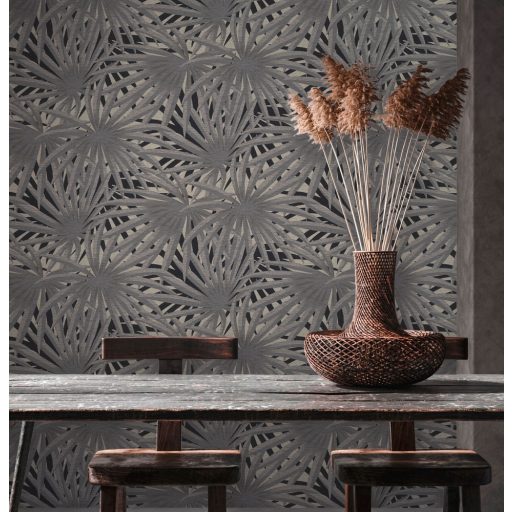 As-Creation Metropolitan Stories II, 37861-2 Natur Trópusi stilizált pálmalevelek szürke árnyalatok bézs fekete fémes csillogó hatás tapéta