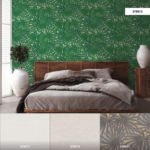 As-Creation Metropolitan Stories II, 37861-3  Natur Trópusi stilizált pálmalevelek krémfehér zöld árnyalatok fémes csillogó hatás tapéta