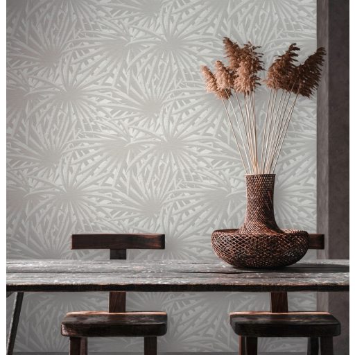 As-Creation Metropolitan Stories II, 37861-4  Natur Trópusi stilizált pálmalevelek törtfehér szürke szürkésbézs fémes csillogó hatás tapéta