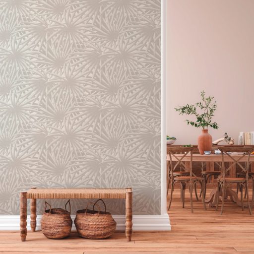 As-Creation Metropolitan Stories II, 37861-4  Natur Trópusi stilizált pálmalevelek törtfehér szürke szürkésbézs fémes csillogó hatás tapéta