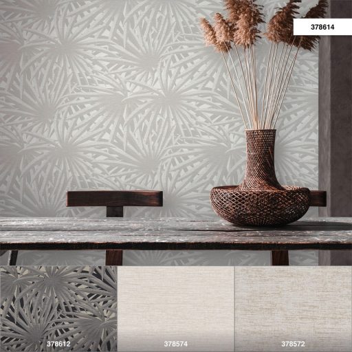 As-Creation Metropolitan Stories II, 37861-4  Natur Trópusi stilizált pálmalevelek törtfehér szürke szürkésbézs fémes csillogó hatás tapéta