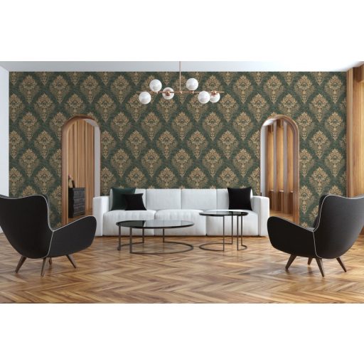 As-Creation Metropolitan Stories II, 37901-1 Klasszikus barokk díszítőminta zöld/sötétzöld bézs rézszín fémes hatás tapéta