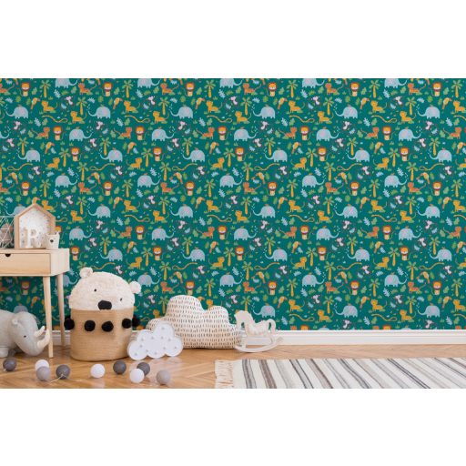 As-Creation Little Love 38115-1 Gyerekszobai a dzsungel állatai zöld szines tapéta