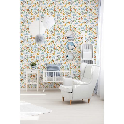 As-Creation Little Love 38115-2 Gyerekszobai a dzsungel állatai fehér szines tapéta